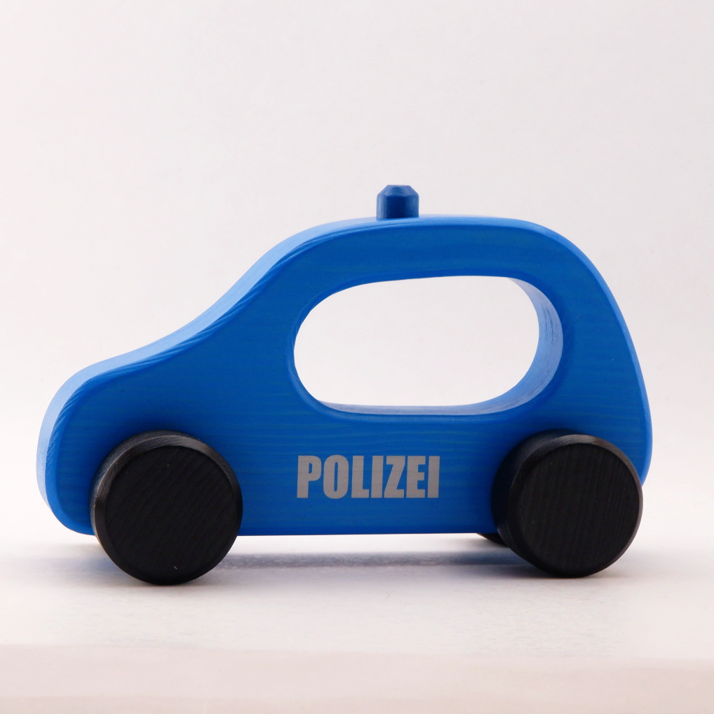 blau lackiertes Griffloch-Polizei Auto mit Blaulicht und der Aufschrift "Polizei"