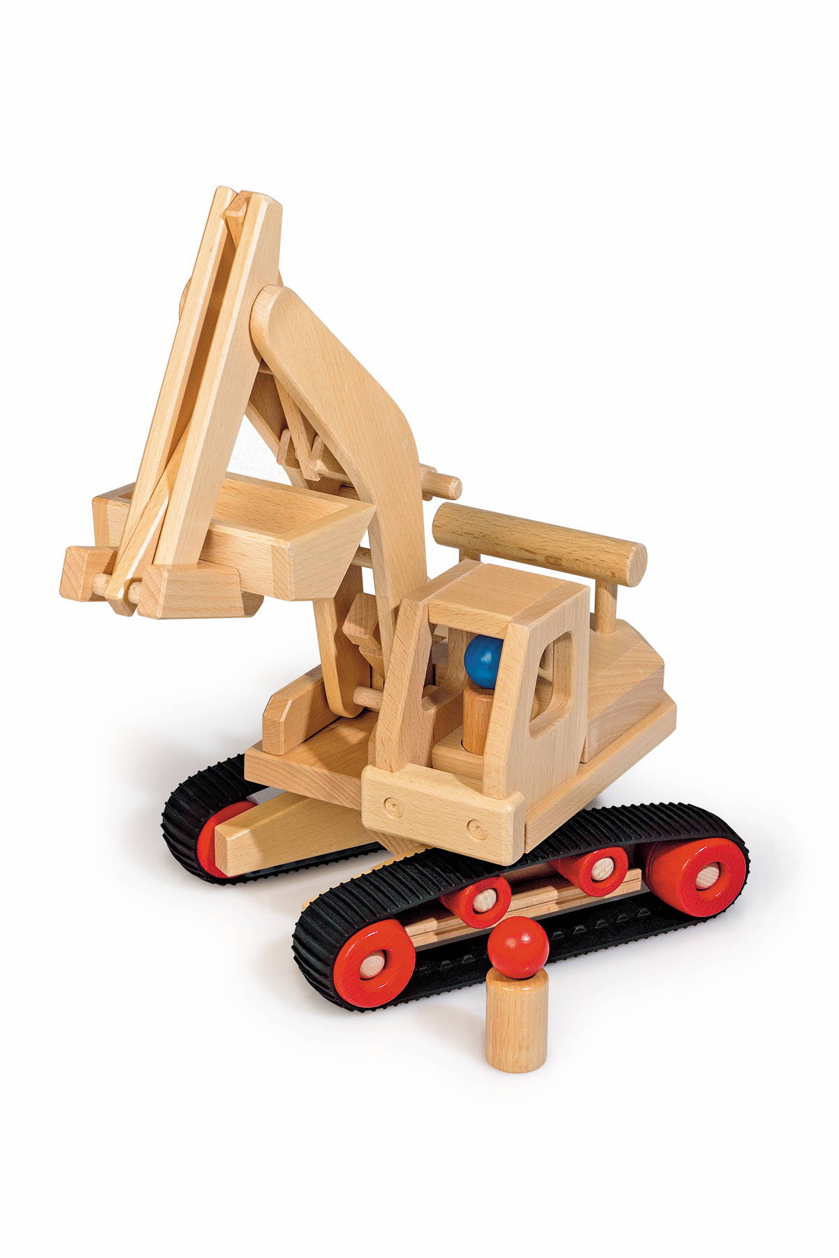 ein Bagger  der seine Schaufel oben hat und ein Männchen mit blauen Kopf ist am Steuer und das zweite Männchen mit roten Kopf ist vor dem Bagger
